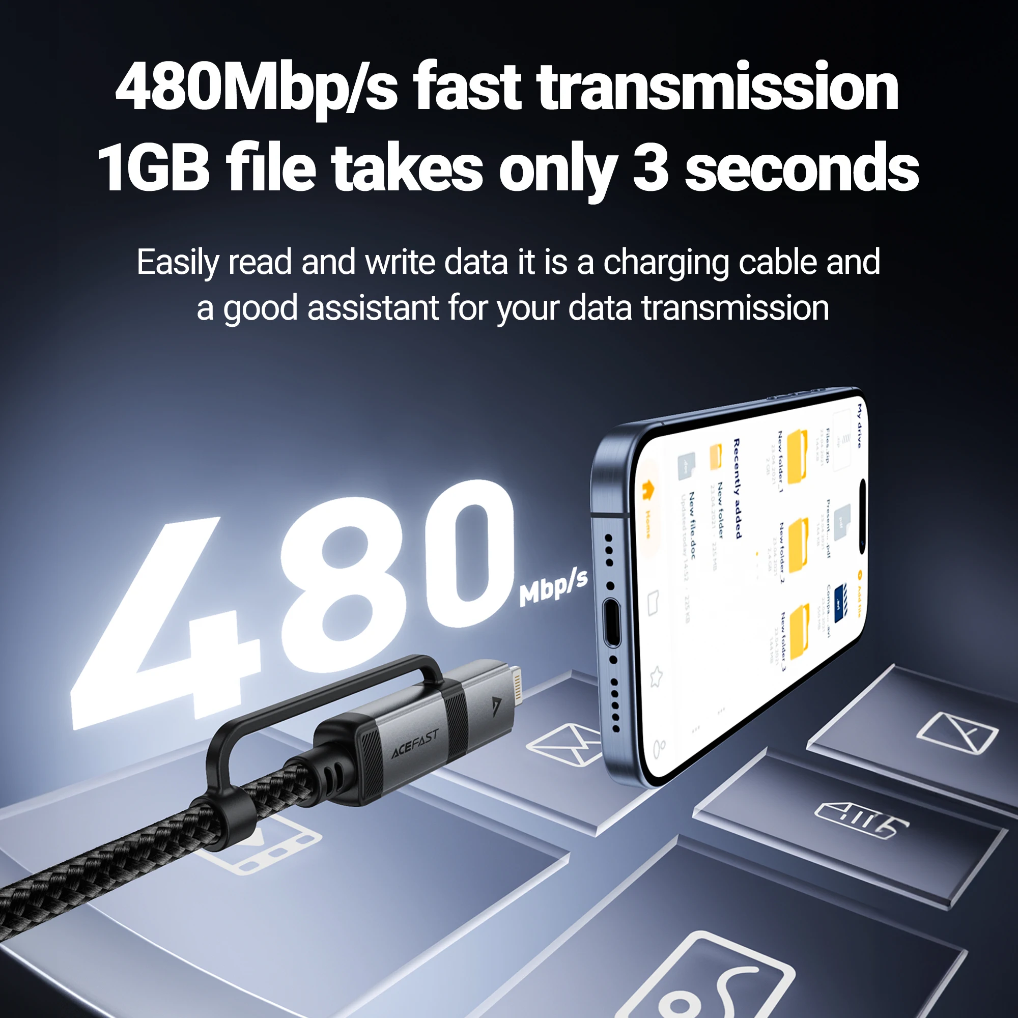 ACEFAST 2 в 1, сертифицированный MFi кабель USB-C к USB-C/Lightning для быстрой зарядки PD60W, телефонный кабель для iPhone 16/15 Pro Max, проводный шнур 1,2 м