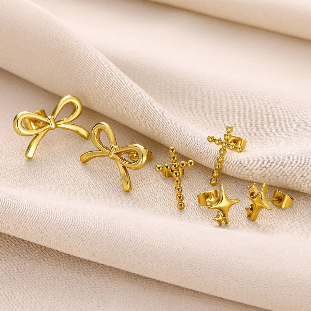 Cute Dot Cross Stud Earrings For Women Gold Color Stainless Steel Tiny Earring Elegant Geometric Bow Heart Jewelry Sweet Gifts