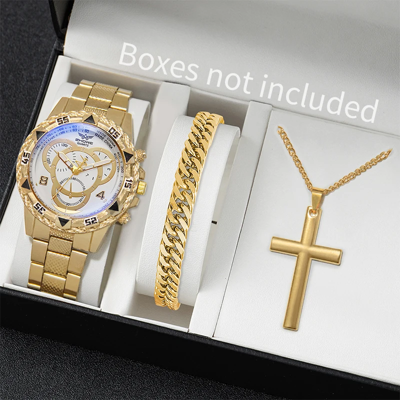 3pcs/set Fashion Men\'s Business Steel Band Analog Quartz Watch with Jewelry Set（Box Not Included ）