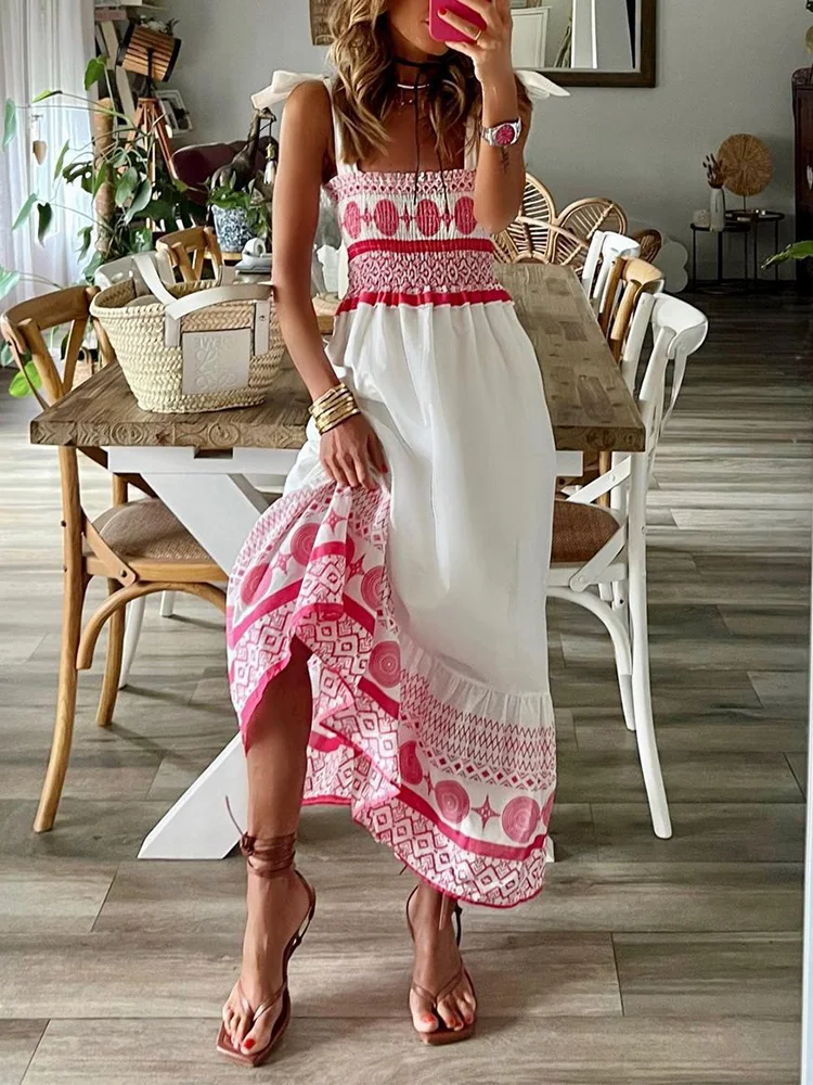 

Summer Women's Sleeveless Casual Style Cotton Material 2023 New Fashion Square Neck Strap Printed Dress