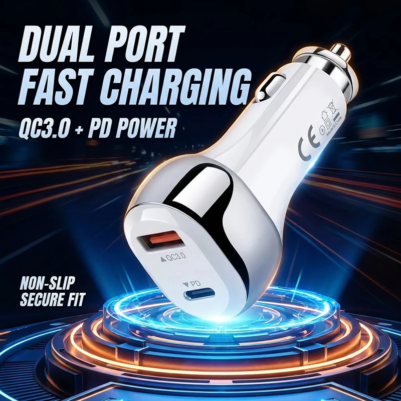 Fast Charging 38W Car Charger Dual Port PD 20W QC3.0 18W USB C Auto Power Adapter Stable Anti-Slip Plug Works With Tablets