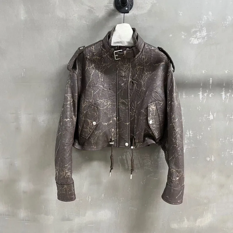 Damenmantel Frühjahr 2025, neue Mode, natürliches echtes Schaffell, kurze Länge, importierte Haut, Faltenprozess, Kragenkrawatte