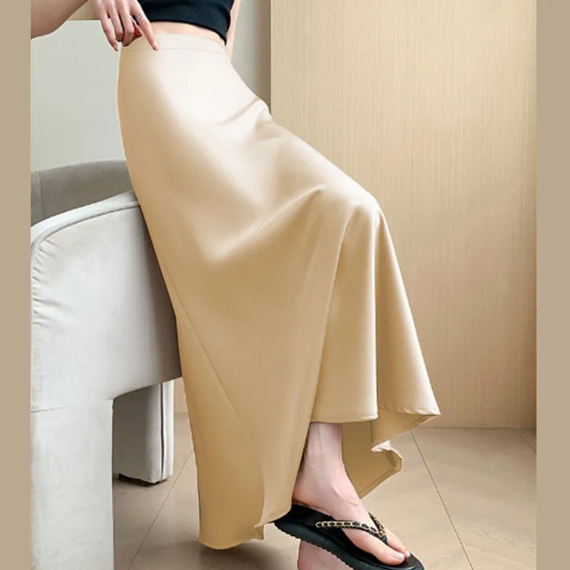 Ice Silk Satin Mermaid Skirts Woman Fashion Autumn Champagne High Waist A-line Skirt Women Cocktail Full Length Skirts Mujer