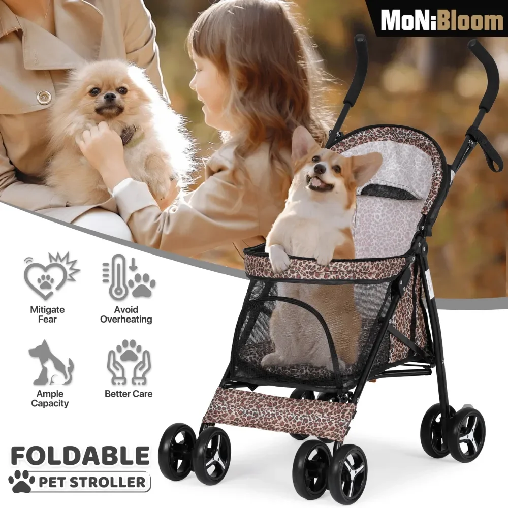 

4 Wheels Pet Stroller, EasyFold Dog Cat Jogger Stroller W Rear Storage Bag Visible Mesh For Small Medium Dogs Cats