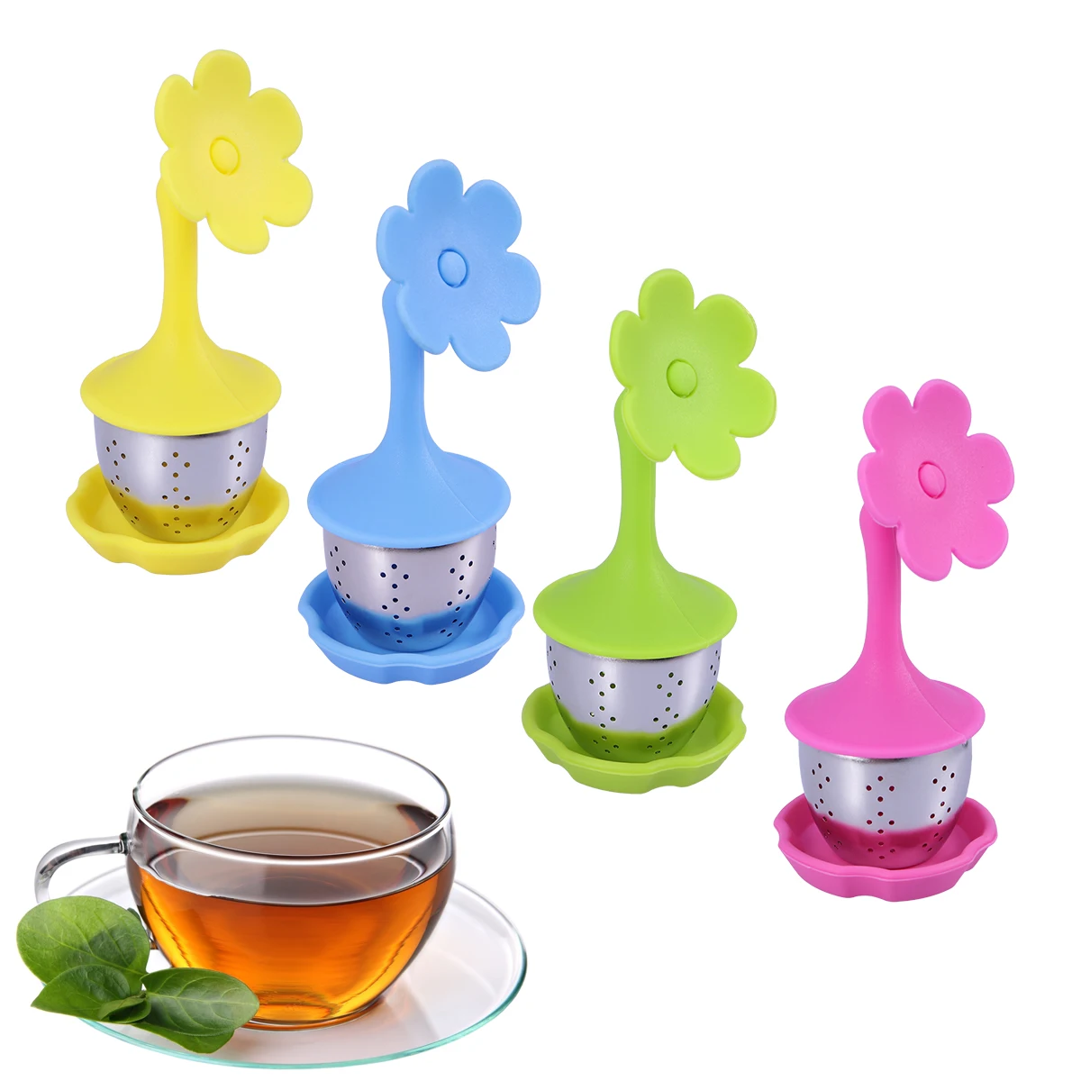 

4pcs Tea Infuser Strainer Food Grade Silicone Stainless Steel Fine Mesh Filter Tea Accessories Brewer Easy Clean Heat Resistant