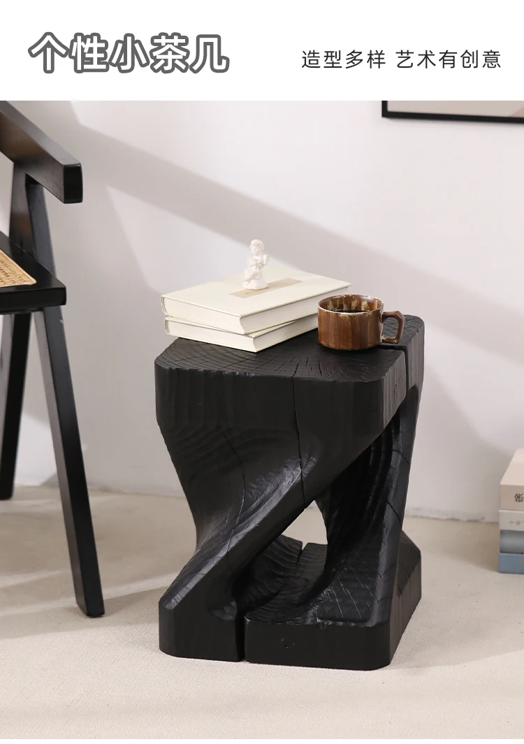 Wabi-Sabi Charred Wood Side Table Handcrafted Tree Stump Stool with Natural Texture Bedside Coffee Table for Home Decor