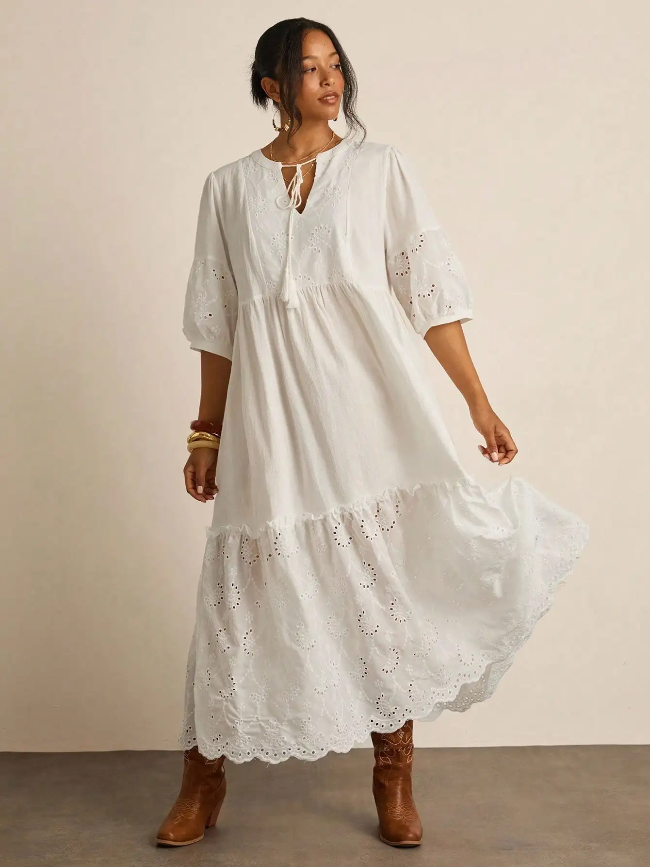White Bohemian A-Line Dress With Embroidery And Tassel V-Neck Long Sleeve Maxi Dress For Women