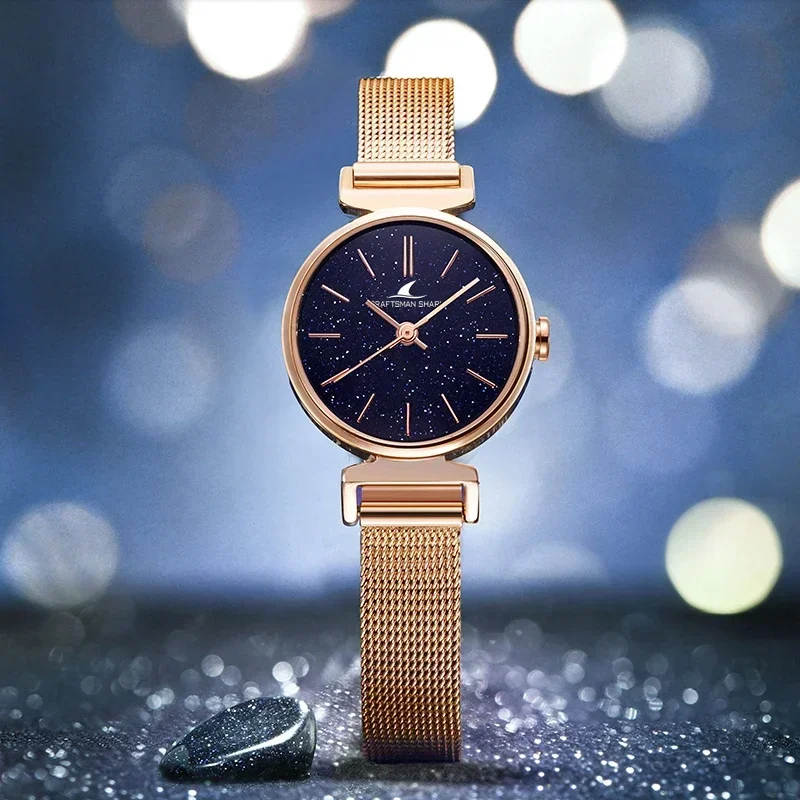 Japan Quartz Movement Stainless Steel Mesh Band Watch Golden Ladies Wristwatches Flash Night Stars Face New Watches For Women