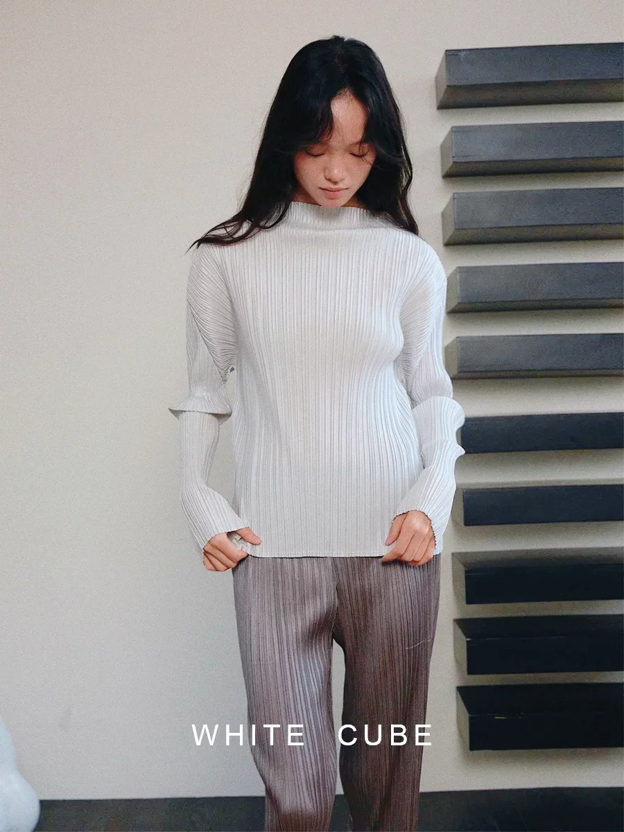YUDX Miyake Pleated Funnel Neck Blouse Women Long Sleeve Ruffle Cuff 2026 Spring Autumn Elegant Refined Timeless Wardrobe Staple