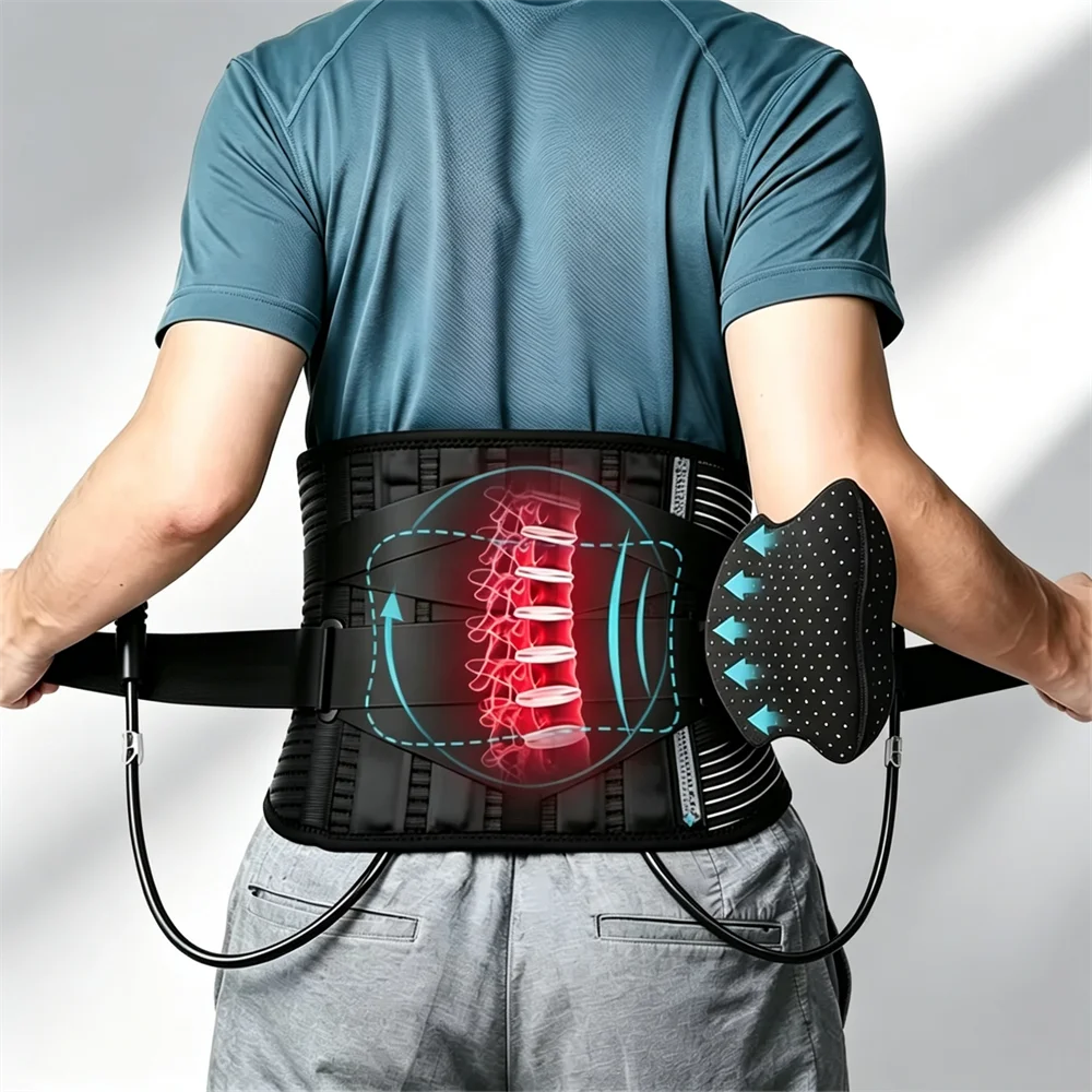Lumbar Support Belt with Inflatable Pad Lower Back Brace Dual Adjustable Support Straps for Herniated Disc Relieve Waist Pain