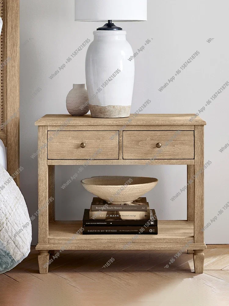 

J American Country Vintage Solid Wood Bedside Table, Log Color Antique Distressed Bedside Table, Open Drawer Side Table