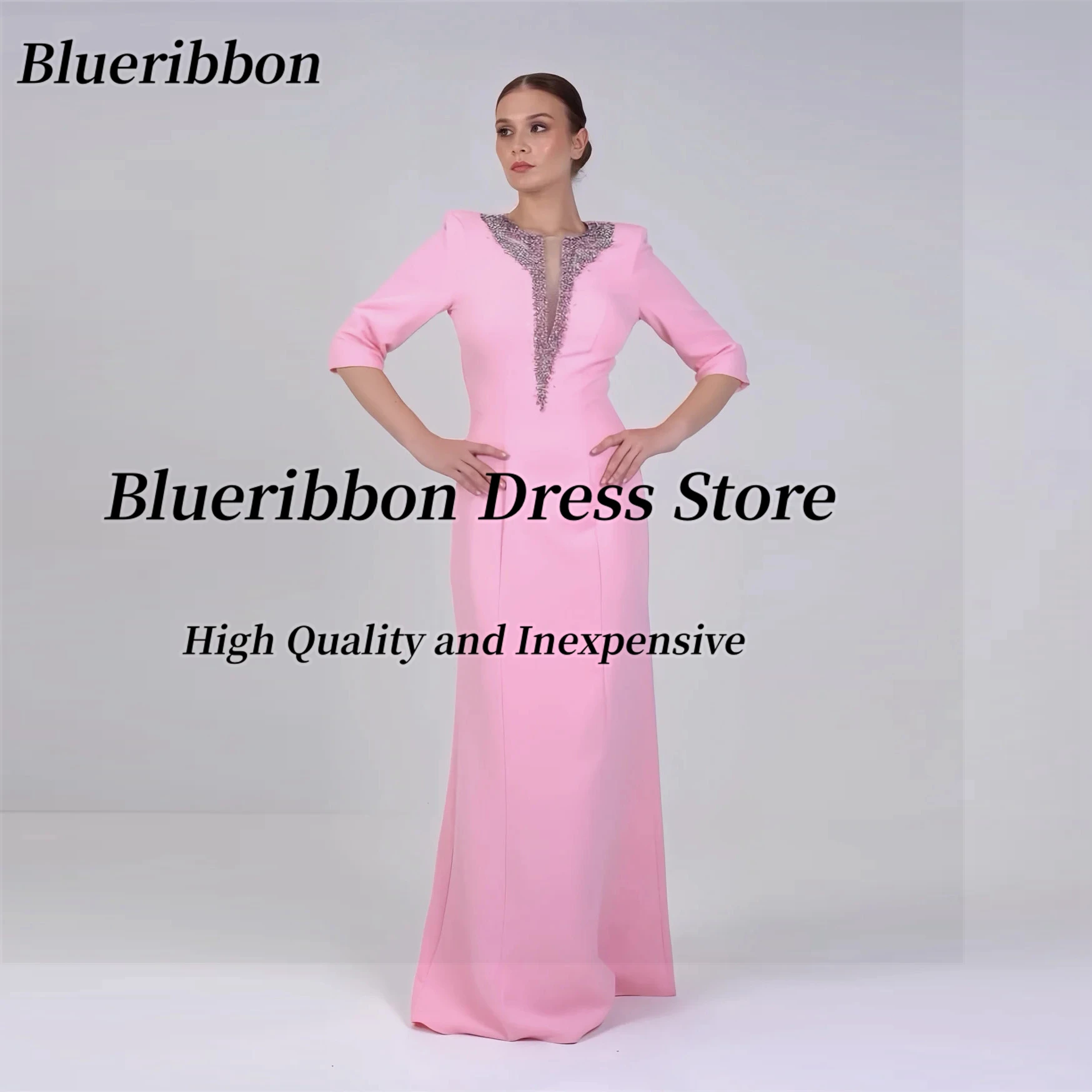 Blueribbon Pink Satin Floor Length Sheath Prom Dresses Customized Beaded O-Neck Half Sleeves Evening Dress Saudi Party Gowns