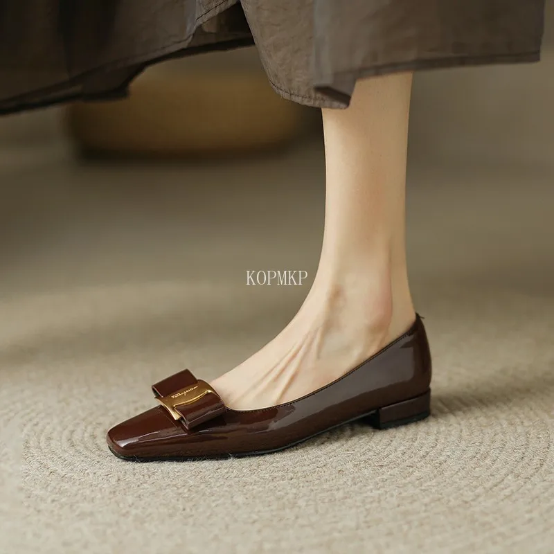 Woman Shoes Flats Elegantes Dress Shoes Patent Leather Slip on Boat Shoes Square Toe Office Ladies Bowtie Zapatillas Mujer