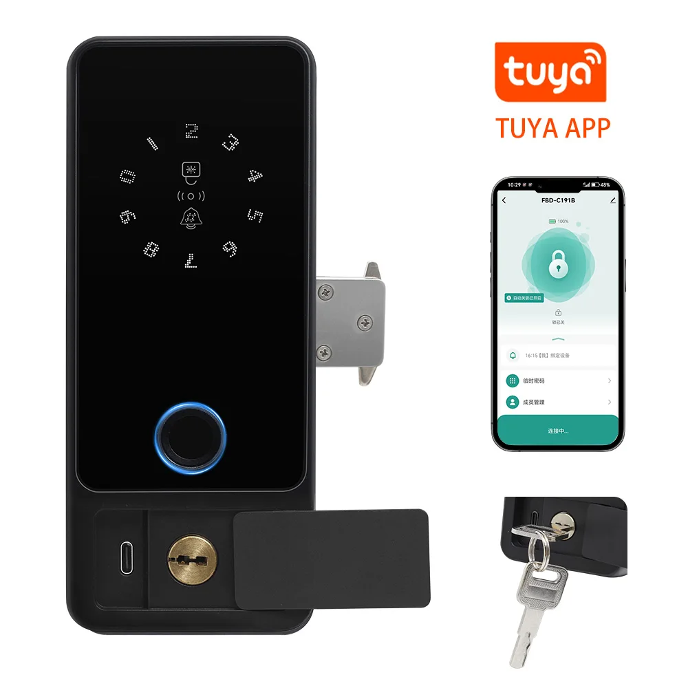 

Оптовая цена Tuya для управления электронным цифровым отпечатками пальцев, умный дверной замок, стеклянный алюминиевый толкающий стеклянный замок