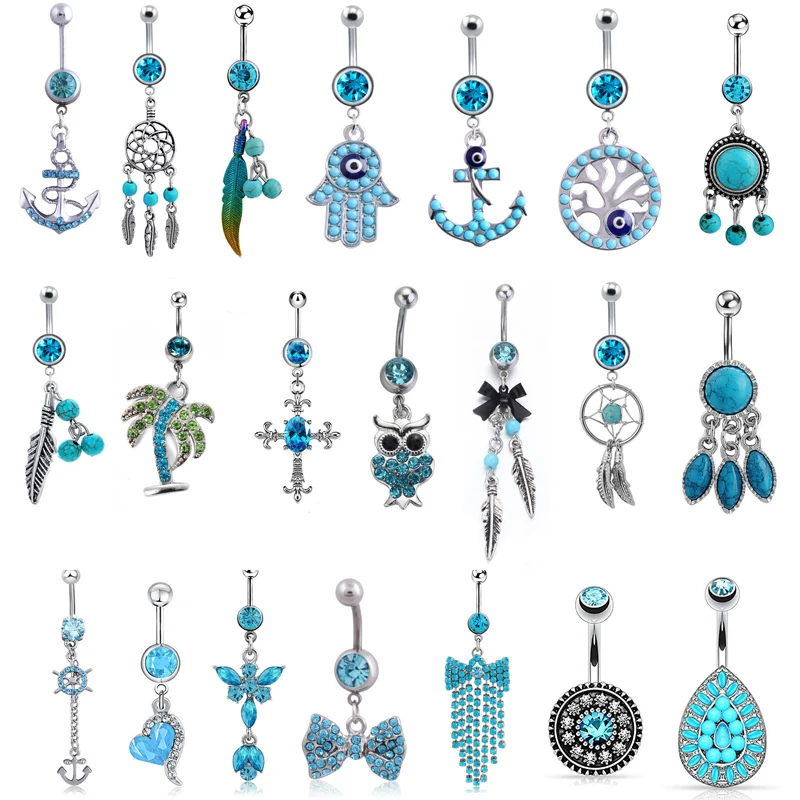 1PC Summer Blue Belly Button Ring Stainless Steel Navel Piercing Flower Dangle Belly Bar Piercing Nombril Lot Body Jewelry