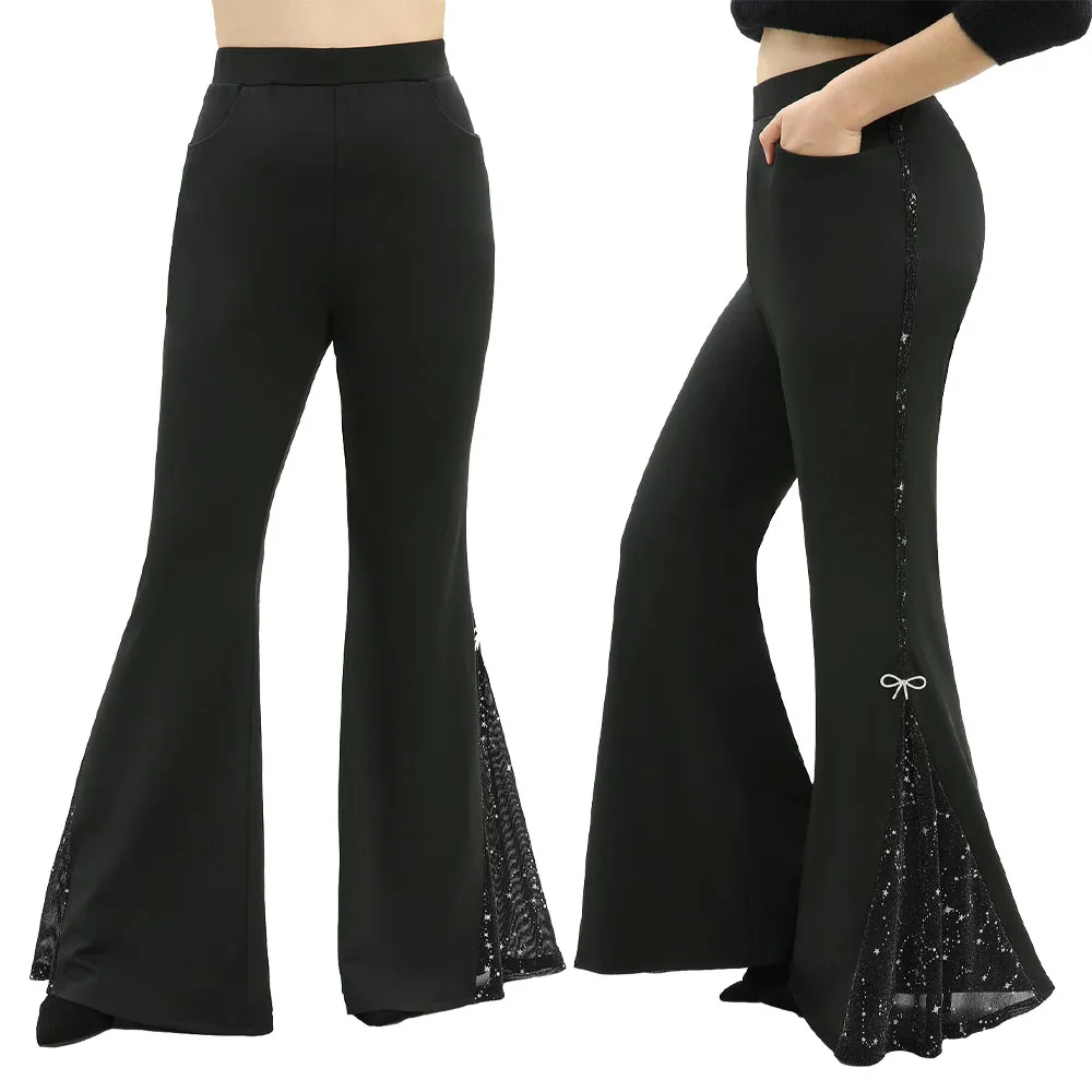Neue Gothic Pocket Flare Pants Schwarz Elastischer Bund Glitzer Silber Stempelung Stern Patchwork Schleifenknoten Hosen Damen Hosen Mujer