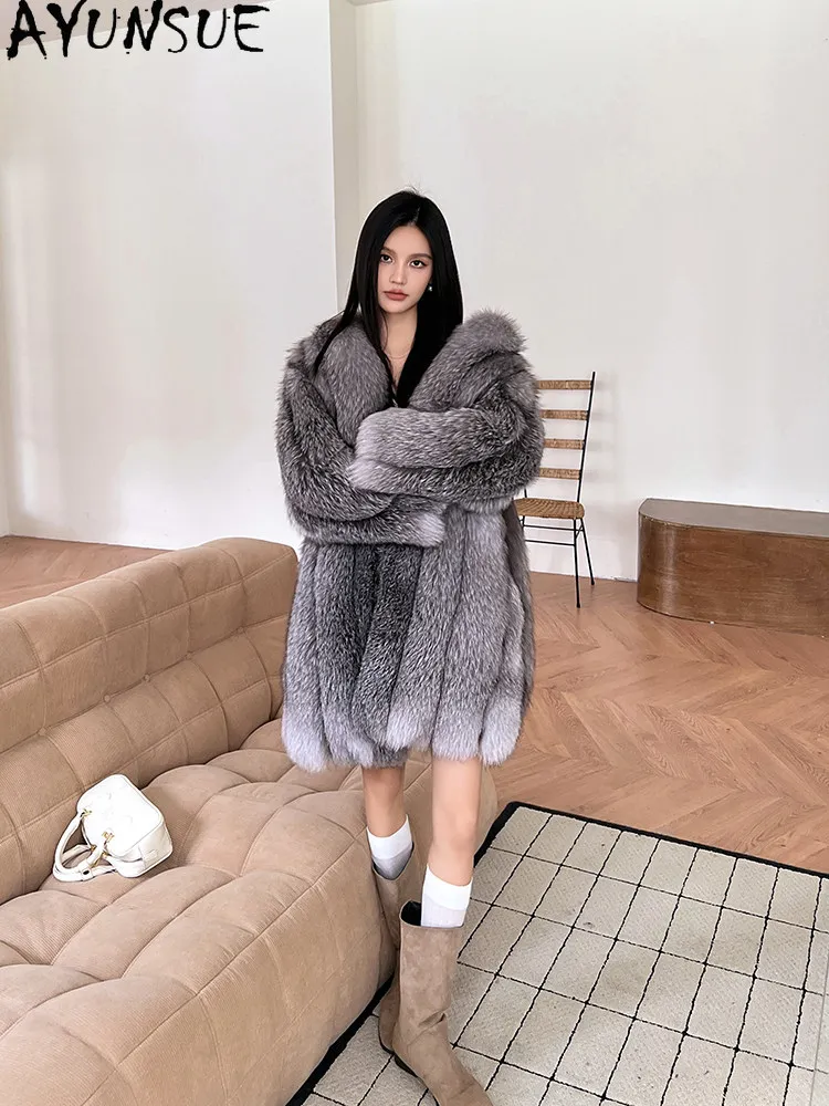 AYUNSUE Prawdziwy futro z lisiego futra płaszcz damski luksusowa zimowa kurtka futrzana średniej długości nowe płaszcze futrzane odzież wierzchnia odzież damska w stylu high street Шуба