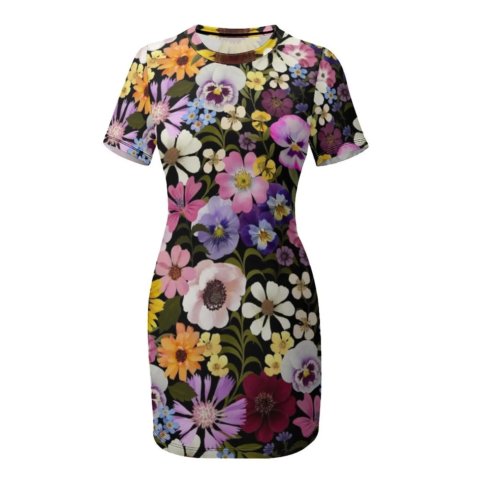 فستان Spring Garden Party مزين بالزهور باللون الأسود بأكمام قصيرة، فساتين لحضور الحفلات الموسيقية للنساء، فساتين أعياد الميلاد للنساء