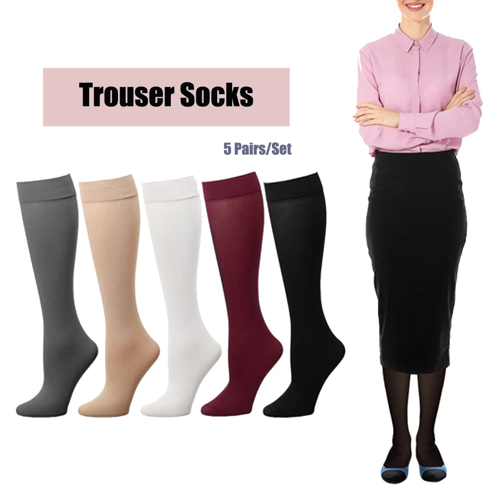 5 Pairs Women's High Quality Fashion Spring and Summer Solid Color Bridesmaid Office Trousers Socks Jk Students Thin Knee Socks