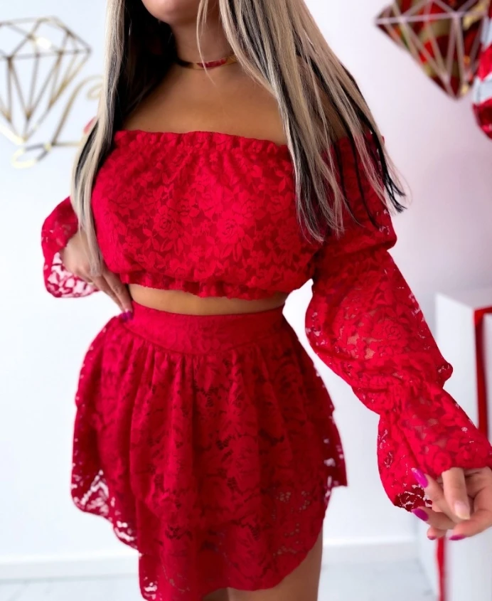 Women's Two-Piece Set Sexy and Elegant 2 Pieces Lace Off The Shoulder Long Sleeve Crop Top and Strechy Waist Mini Skirt Set