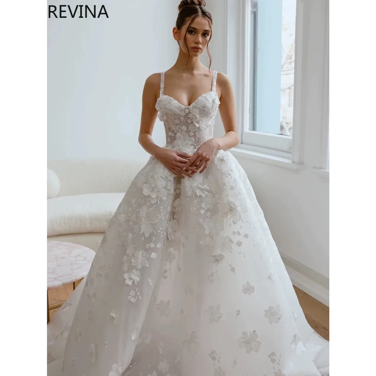 

Elegant A-line Wedding Dress Princess Sweetheart Lace 3D Flower Vestidos De Novia Spaghetti Straps Bridal Dress Customization