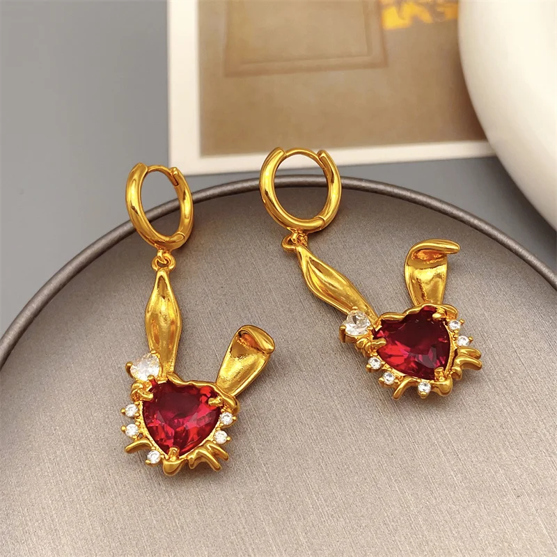 Korean Inlaid Pink Heart Shape Zircon Cute Rabbit Drop Earrings For Women Tidal Current Fashion Earrings Plating 18k Gold