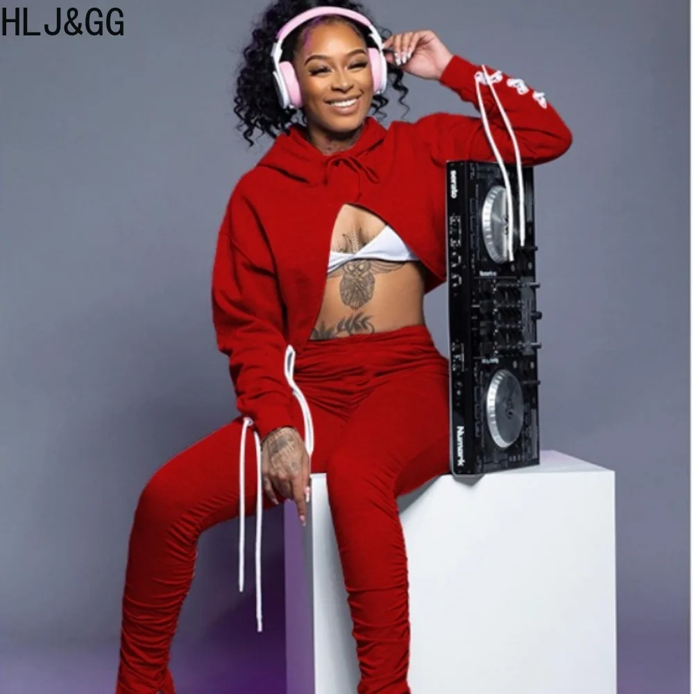 

HLJ&GG Fashion Bandage Hollow Hooded Two Piece Sets Women Long Sleeve Lace Up Crop Top + Stacked Pants Outfits Casual Tracksuits