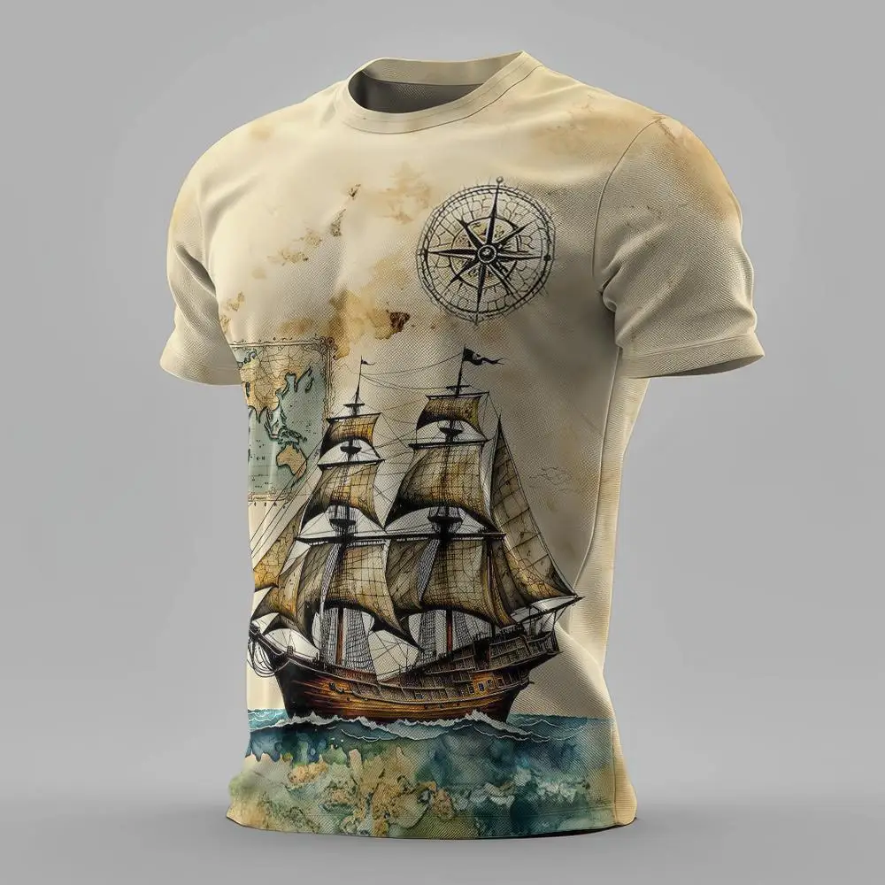 Summer Retro Men's T Shirt Casual Short Sleeve T-Shirt Sailboat Print Fashion Streetwear Male Oversized Clothing Pullover