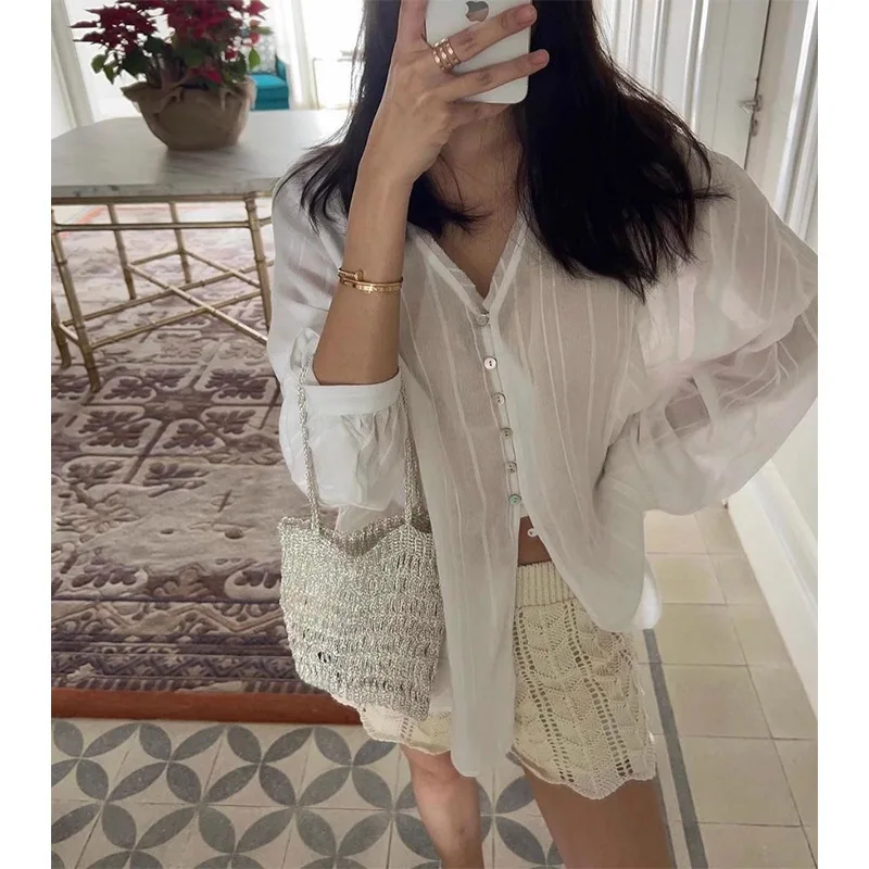 Withered V-neck Top Clear And Cool Summer Single Breasted Wide Sleeves Atmosphere Thin Shirt Small Cardigan