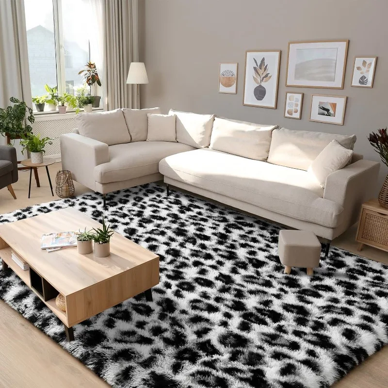 Fluffy Bedroom Rug White Black Leopard/Cheetah Print Rug Fuzzy Nusery Rug for Modern Faux Fur Rugs Washable Carpets