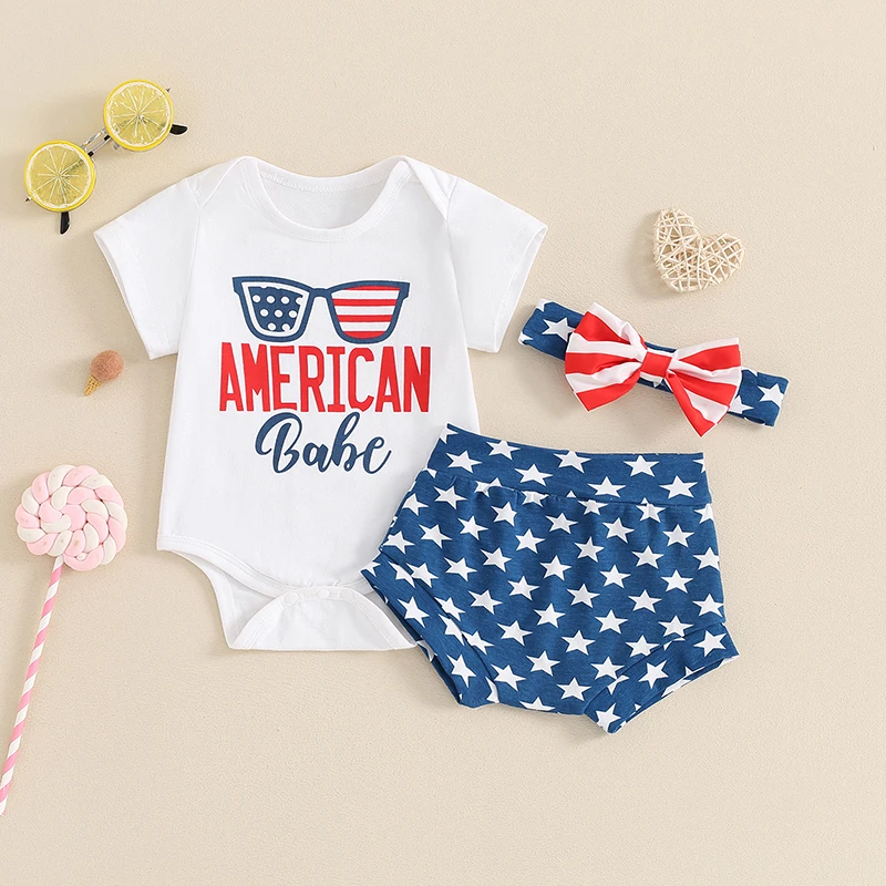 

2024-03-13 Lioraitiin Baby Girls 4th of July Outfits Short Sleeve Letter Sunglasses Print Romper Stars Print Shorts Headband Set