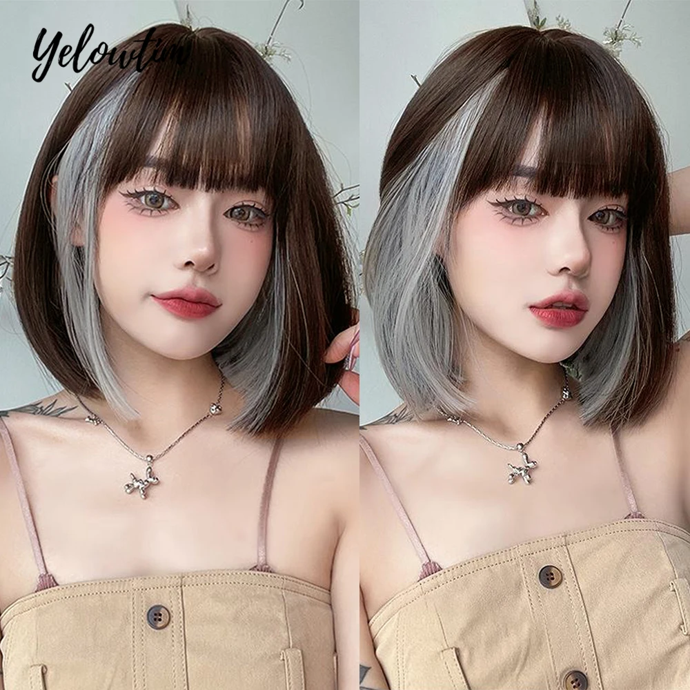 

Короткие прямые парики боб с челкой, черный, коричневый, мелированный серый парик, повседневные парики из синтетических волос для косплея для женщин, термостойкие