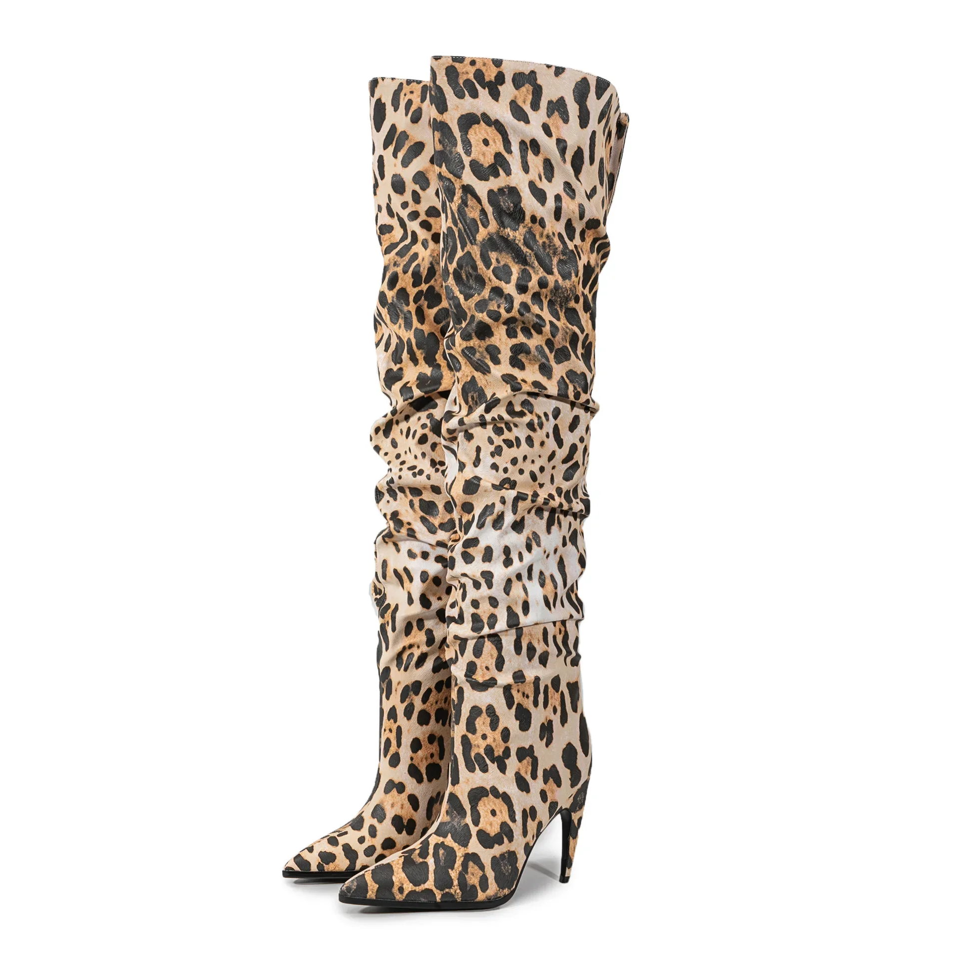 Leopard Print Pleated Stiletto Pile Boots Woman Winter 2026 Pointed Toe Slip-On Skinny Over The Knee Boots Fashion Thigh Boots