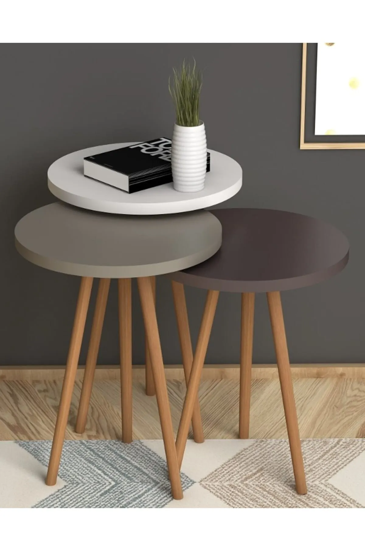 Modern Nest Table 3 Pieces Scandinavian Wooden Leg Modern Tea Coffee Serving Table Round Living Room Bedside De Monte Side Ta