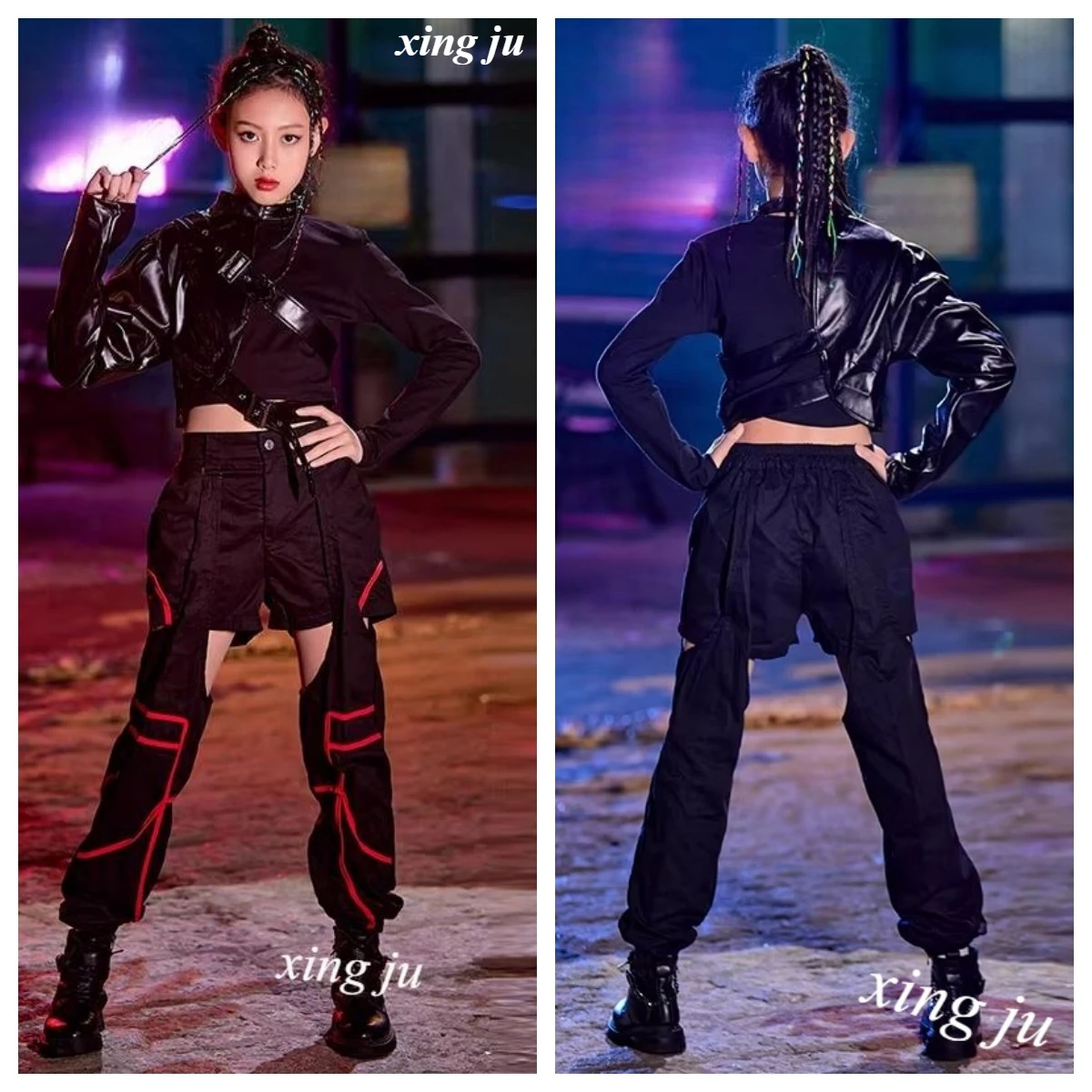 

Children Street Dance Black PU Vest Long Sleeve Tops Fashion Hollow Out Trousers Girl Jazz Dance Costume Kids Hip Hop Stage Wear