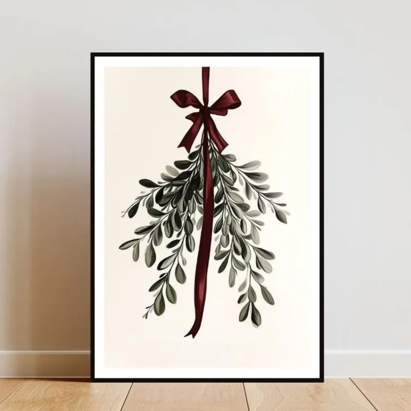 Christmas Mistletoe Bow Canvas Wall Art Winter Botanical Leaf Print Festive Holiday Wall Home Decor Unframed Canvas Poster