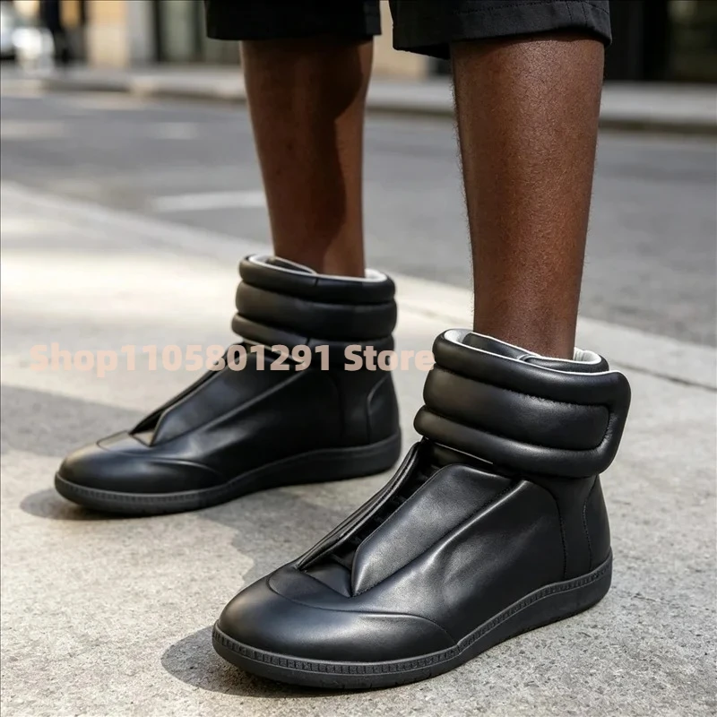 Black White Red High Top Sneaker Men Genuine Leather Hook & Loop Casual Comfort Flat Fashion Shoes Trainers Ankle Booties