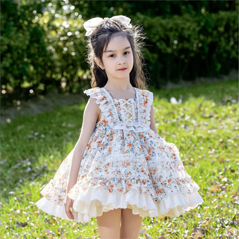 New Spring/Summer Girls' Sleeveless Vest dress Children's Lolita Floral Embroidery Princess Lolita  vestido floral