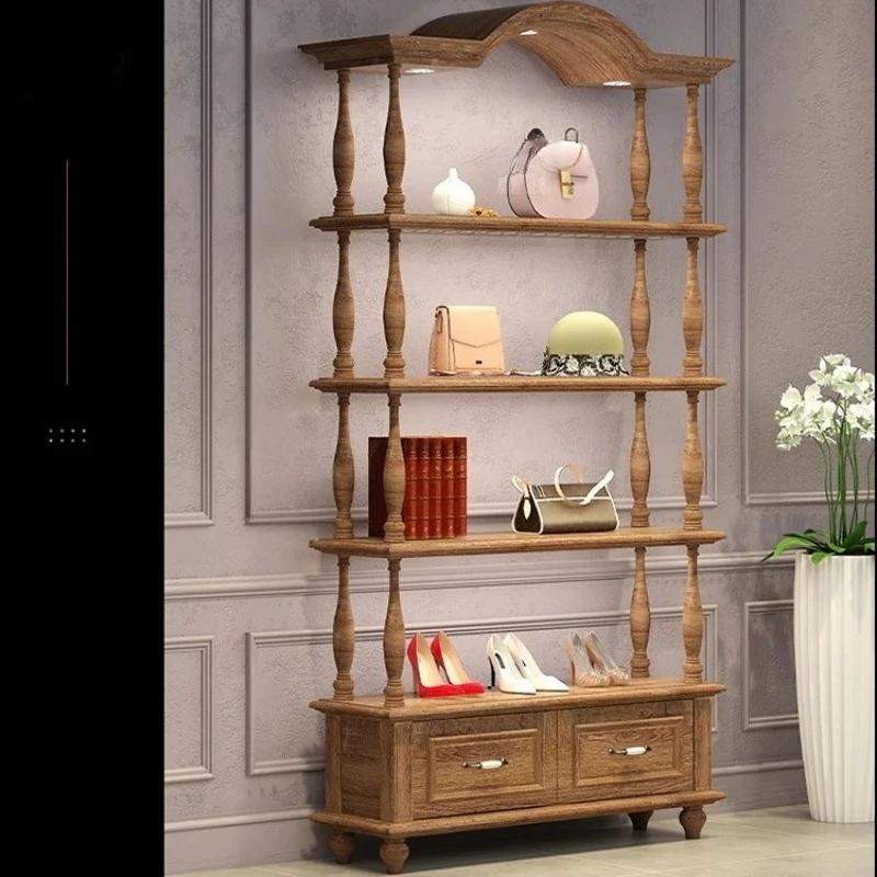 Medieval shoe store shoe laminate display rack women's clothing display rack wooden retro shelf hat bag jewelry boutique cabinet