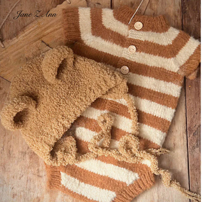

Autumn winter baby knit hats for boys girls soft warm cute bear ers 3-6 month sitter size photo props bonnet+bodysuit 2 colors