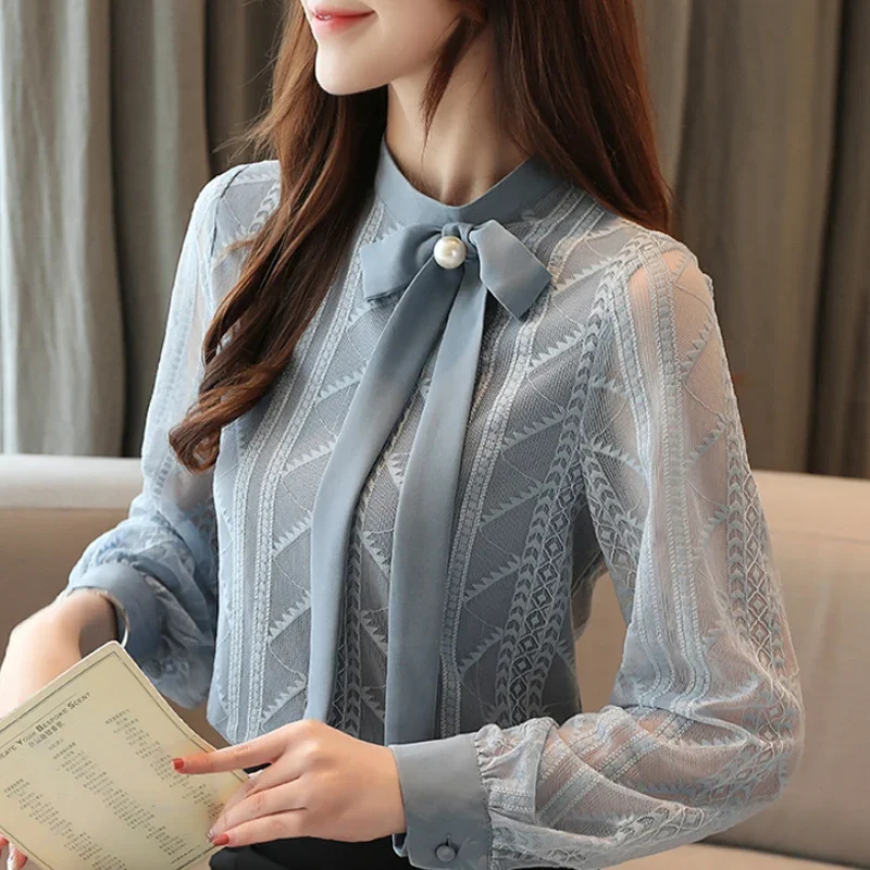 

Blusas Mujer De Moda 2024 Blouse Women Long Sleeve Women Blouses Shirts Stand Collar Lace Chiffon Blouse Shirt Tops Blusa