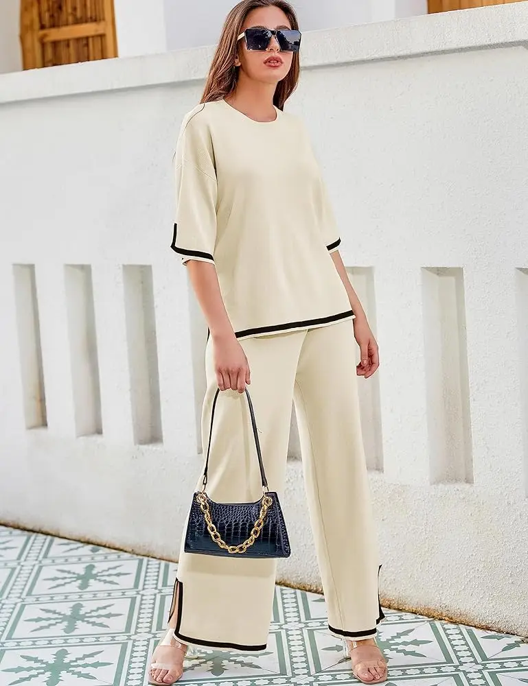 Summer 2 Piece Set Women Outfit Sweater Sets Women 2 Pieces Lounge Sets Casual Short Sleeve Knit Pullover Tops Wide Leg Pants