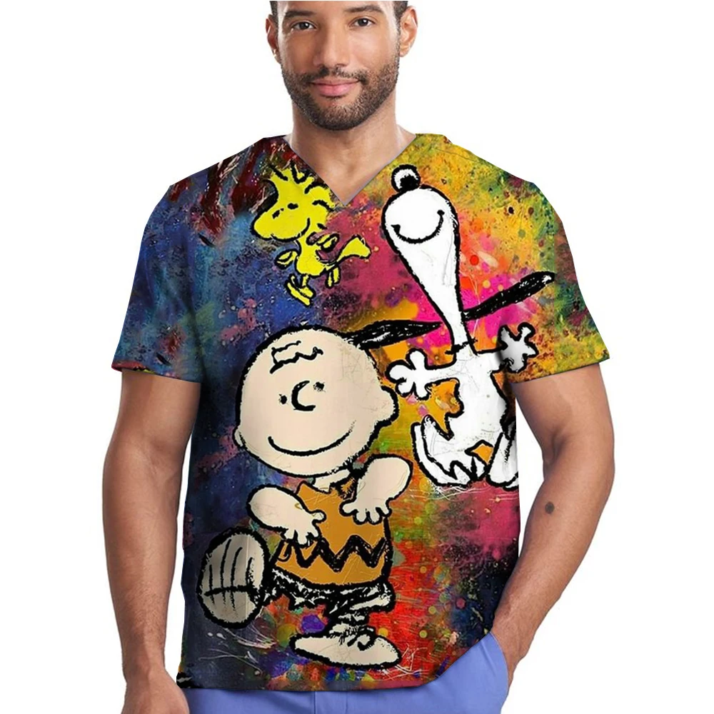 Nurse Uniform Men Short Sleeve Snoopy print Working Uniform Pocket Blouse Scrubs Tops Nursing Medical Uniforms Neutral