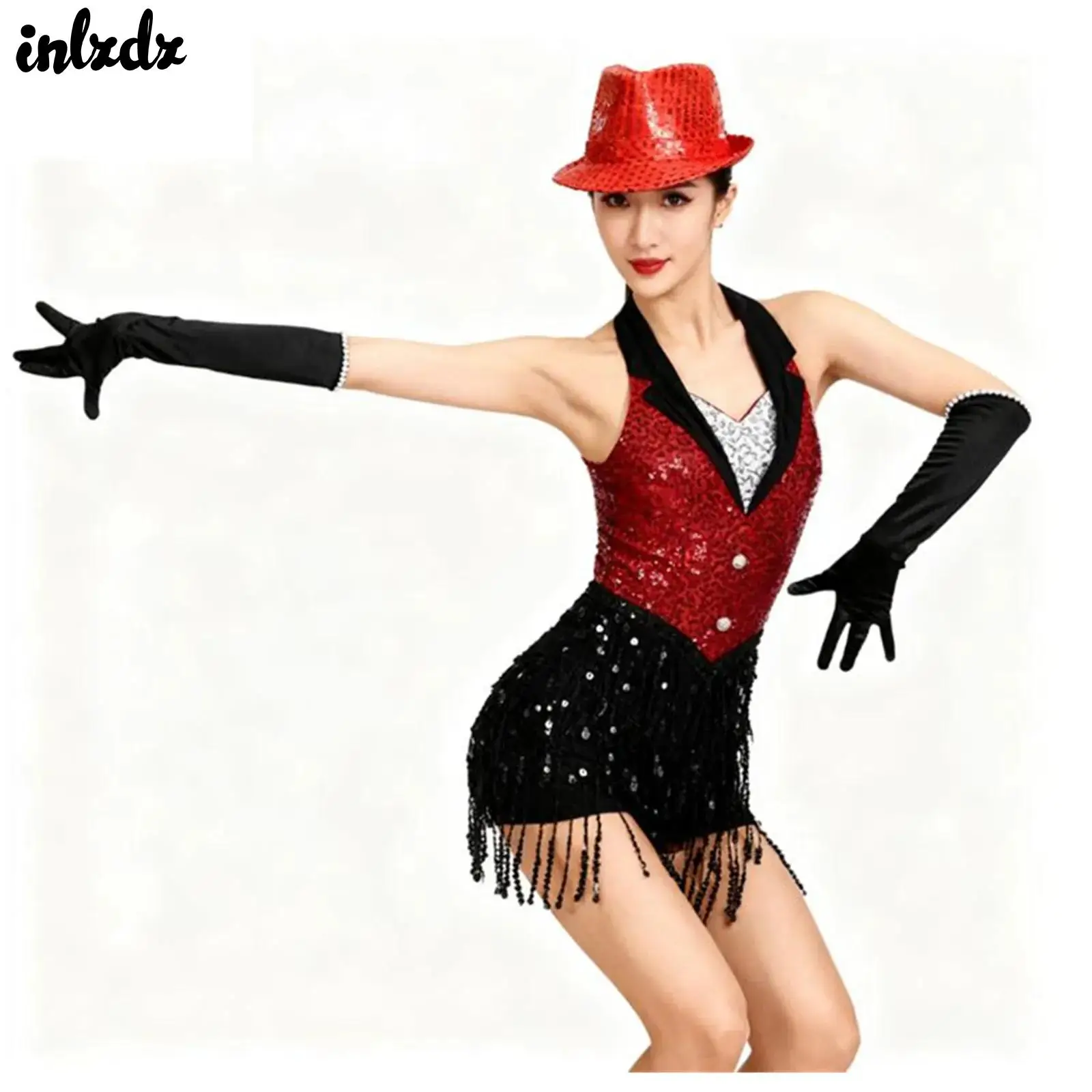 

Женский костюм для джазовых латинских танцев с блестками и блестками, костюм для выступлений, комбинезон с бахромой, купальник с кисточками и перчатками, шляпа