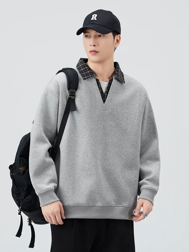 420GSM Heavy Cotton Men's Sweatshirts Plaid Patchwork V-Neck Shirt Collar Pullover Tops Loose Fit Daily Casual Basic Hoodies