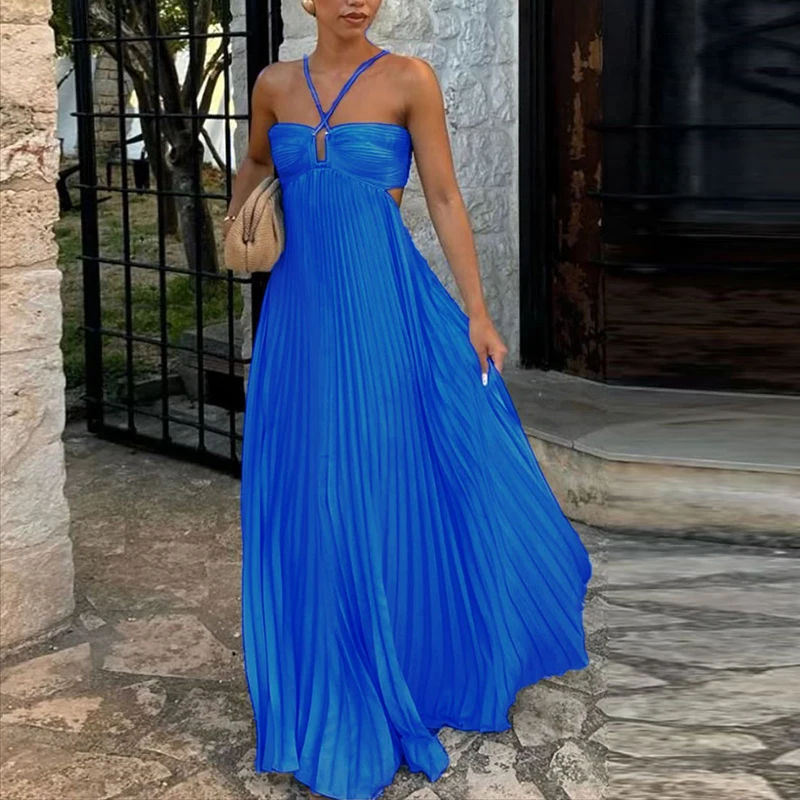 Abiti Sexy Hollow Halter Robe Abiti a pieghe Donna Nuova primavera Solido Vita alta Abito lungo Estate Backless Lace-up Boho Dress