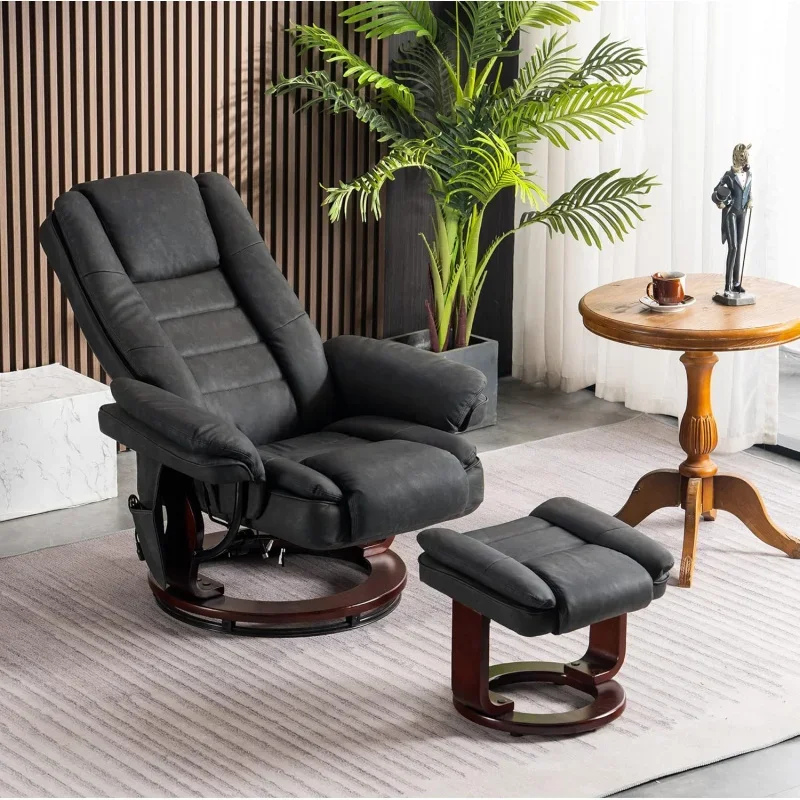 Recliner with Ottoman Accent Reclining Chair with Vibration Massage, 360 Degree Swivel Wood Base, Faux Leather 9096 (Dark Grey)