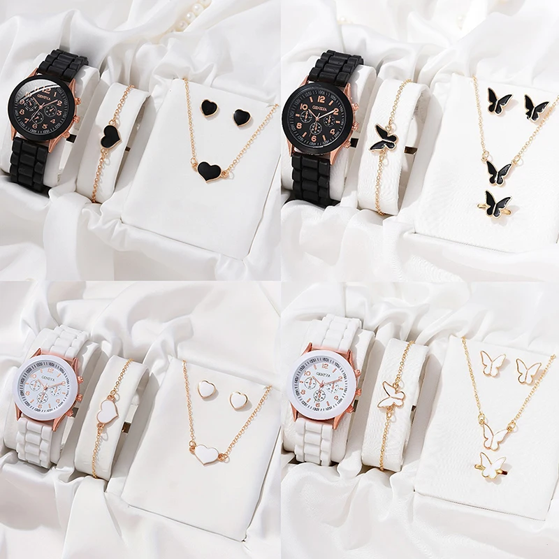 5Pcs/set Fashion Women Watch Round Dial Classic Watches Women Simple Clock& Jewelry Set For Female Gift