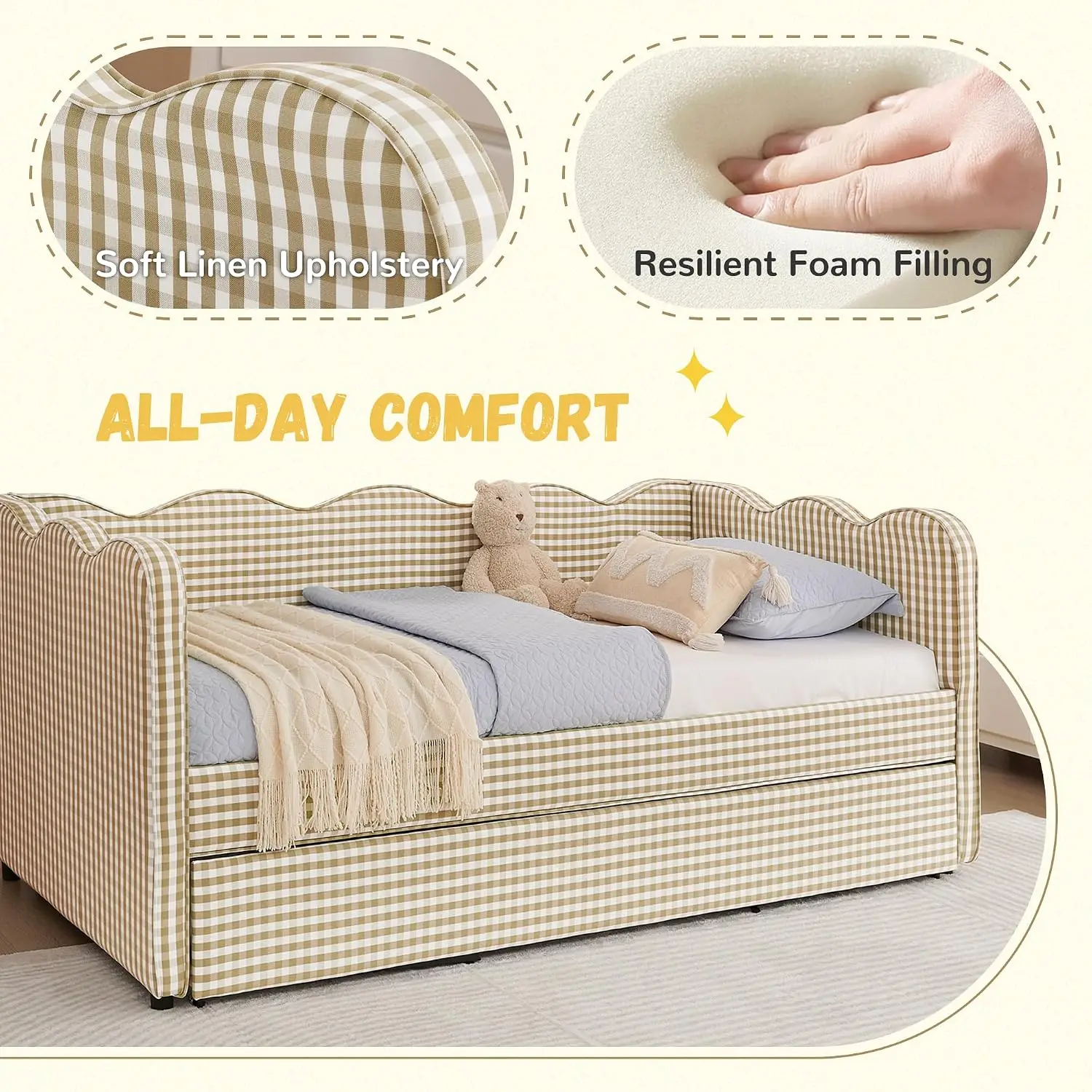 Gingham Daybed with Trundle & USB Ports Twin Size Brown, Customized image 6