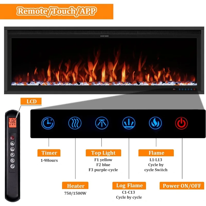Benrocks 60''WiFi-Enabled Electric Fireplace Inserts Alexa App Control,Slim Recessed Wall Mounted,13*13*3Flame Color Combination